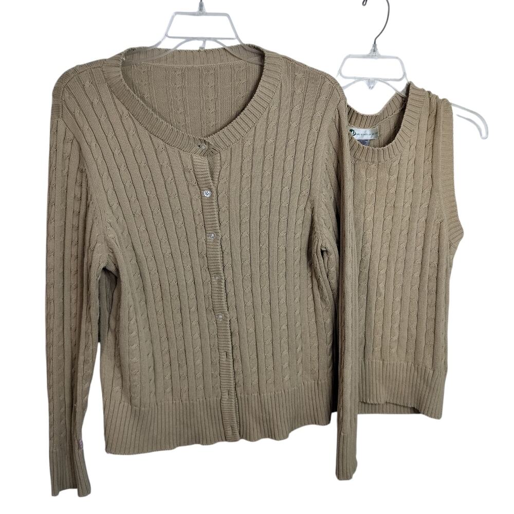 4453)Vtg Girls Scouts of the USA 2 pcs Beige Cable Knit Sweater and Vest Large